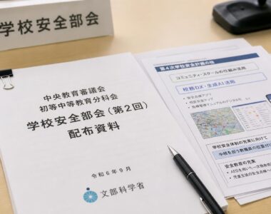 【現場視点】中央教育審議会初等中等教育分科会学校安全部会（第2回）配布資料をテーマにしたAI生成イメージ