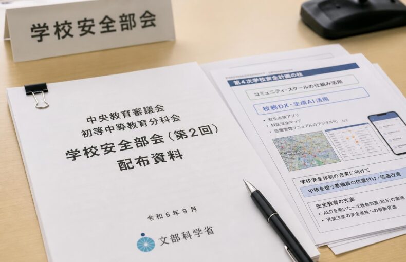 【現場視点】中央教育審議会初等中等教育分科会学校安全部会（第2回）配布資料をテーマにしたAI生成イメージ