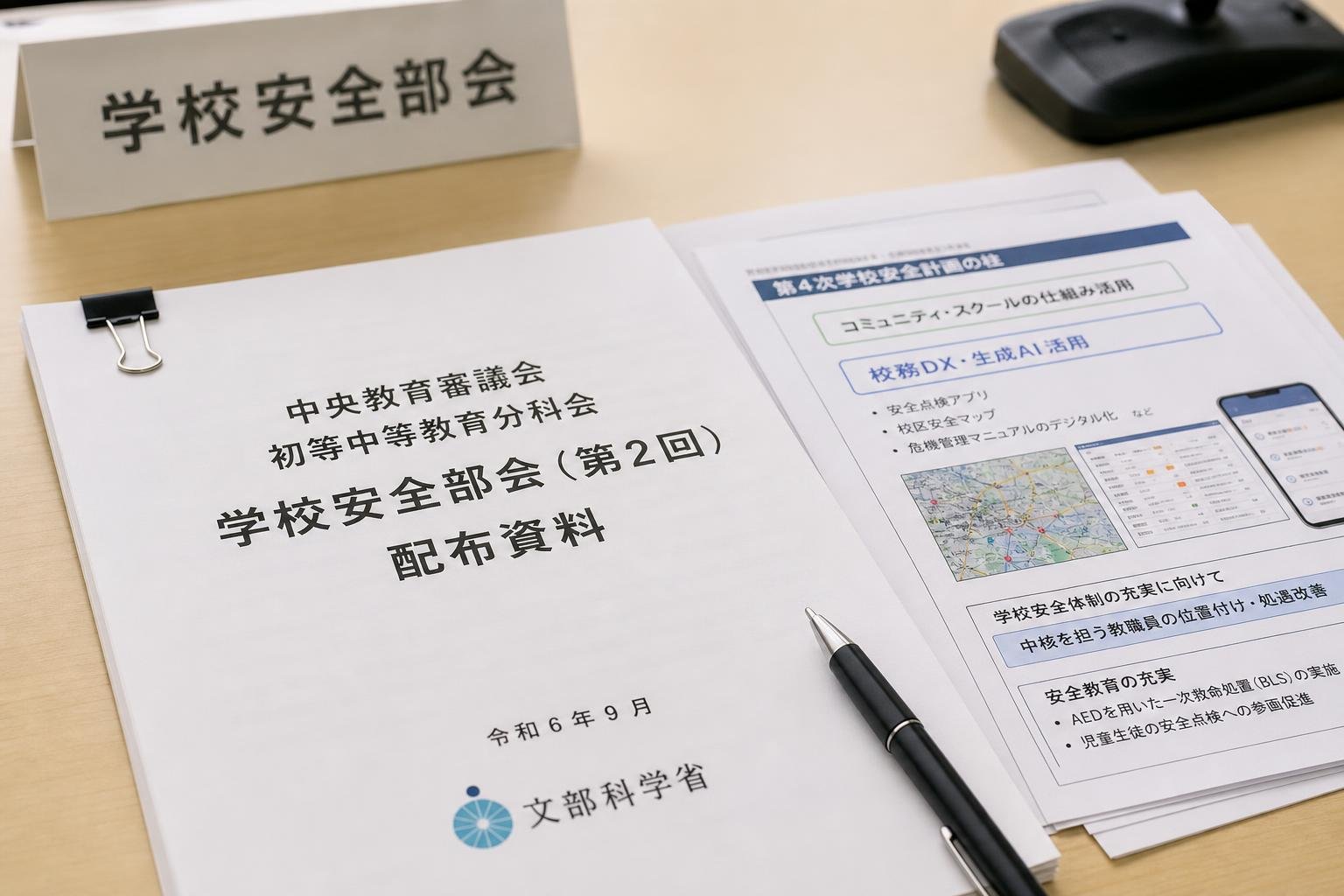 【現場視点】中央教育審議会初等中等教育分科会学校安全部会（第2回）配布資料をテーマにしたAI生成イメージ
