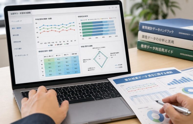 【現場視点】｢全国学力・学習状況調査｣の集計結果データの貸与に関する有識者会議(令和8年度第1回)配付資料をテーマにしたAI生成イメージ