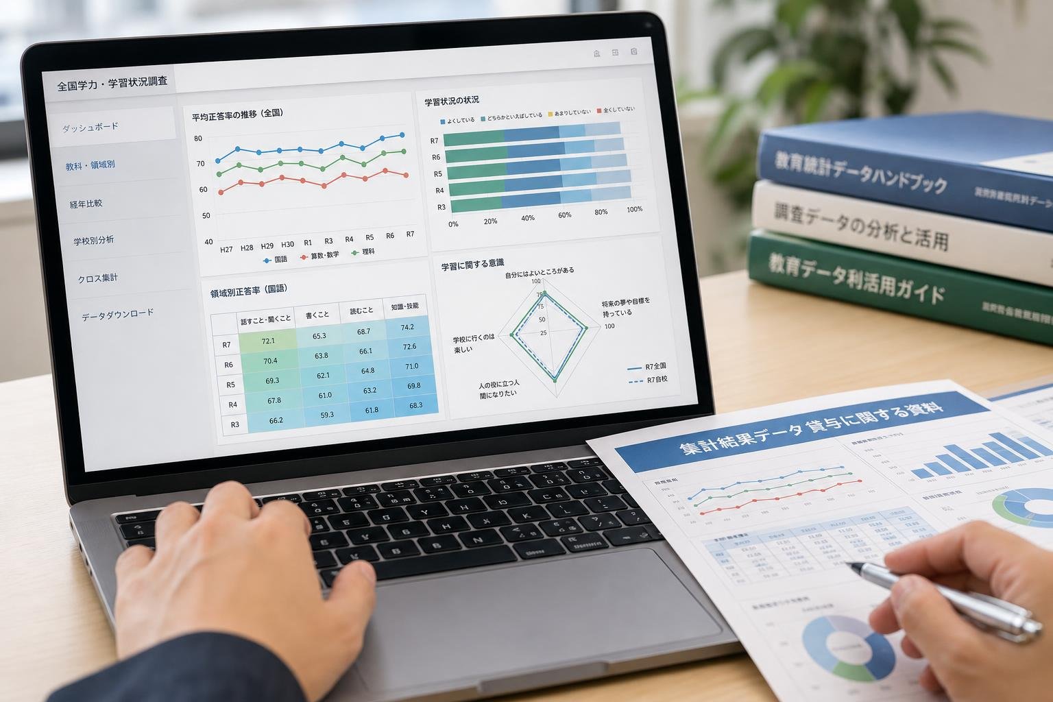 【現場視点】｢全国学力・学習状況調査｣の集計結果データの貸与に関する有識者会議(令和8年度第1回)配付資料をテーマにしたAI生成イメージ