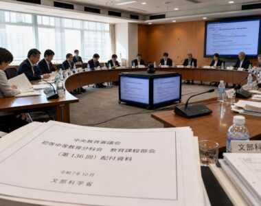 【現場視点】中央教育審議会 初等中等教育分科会 教育課程部会（第136回）配付資料をテーマにしたAI生成イメージ