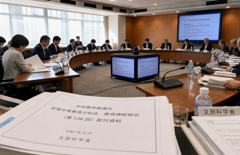 【現場視点】中央教育審議会 初等中等教育分科会 教育課程部会（第136回）配付資料をテーマにしたAI生成イメージ