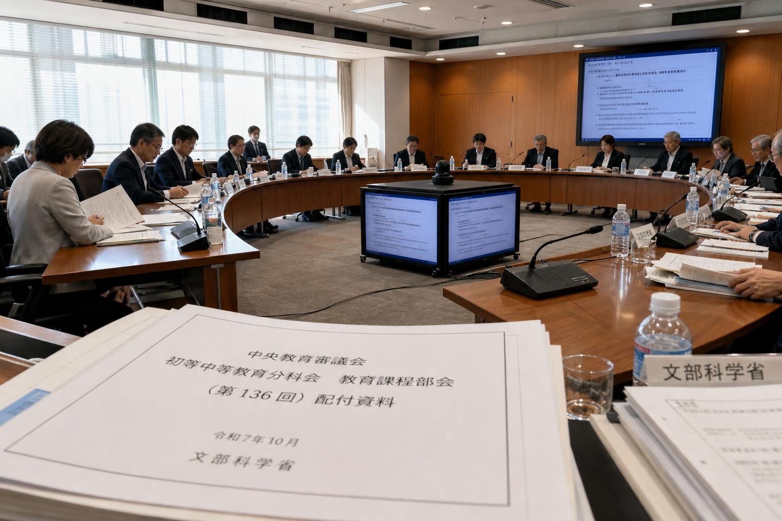 【現場視点】中央教育審議会 初等中等教育分科会 教育課程部会(第136回)配付資料をテーマにしたAI生成イメージ
