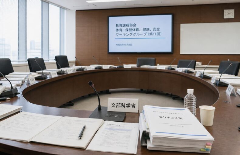 【現場視点】教育課程部会 体育・保健体育、健康、安全ワーキンググループ（第11回） 議事録をテーマにしたAI生成イメージ