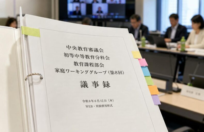 【現場視点】中央教育審議会初等中等教育分科会教育課程部会家庭ワーキンググループ（第8回）議事録をテーマにしたAI生成イメージ