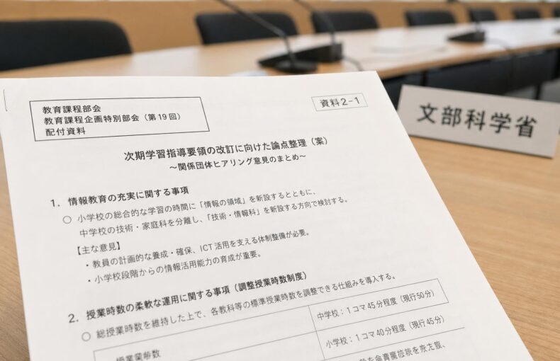 【現場視点】教育課程部会 教育課程企画特別部会（第19回） 配付資料をテーマにしたAI生成イメージ