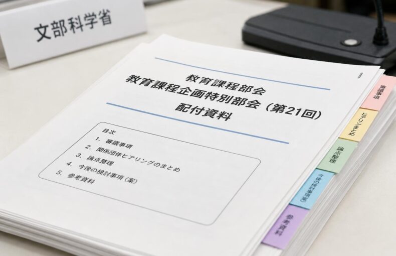 【現場視点】教育課程部会 教育課程企画特別部会（第21回） 配付資料をテーマにしたAI生成イメージ