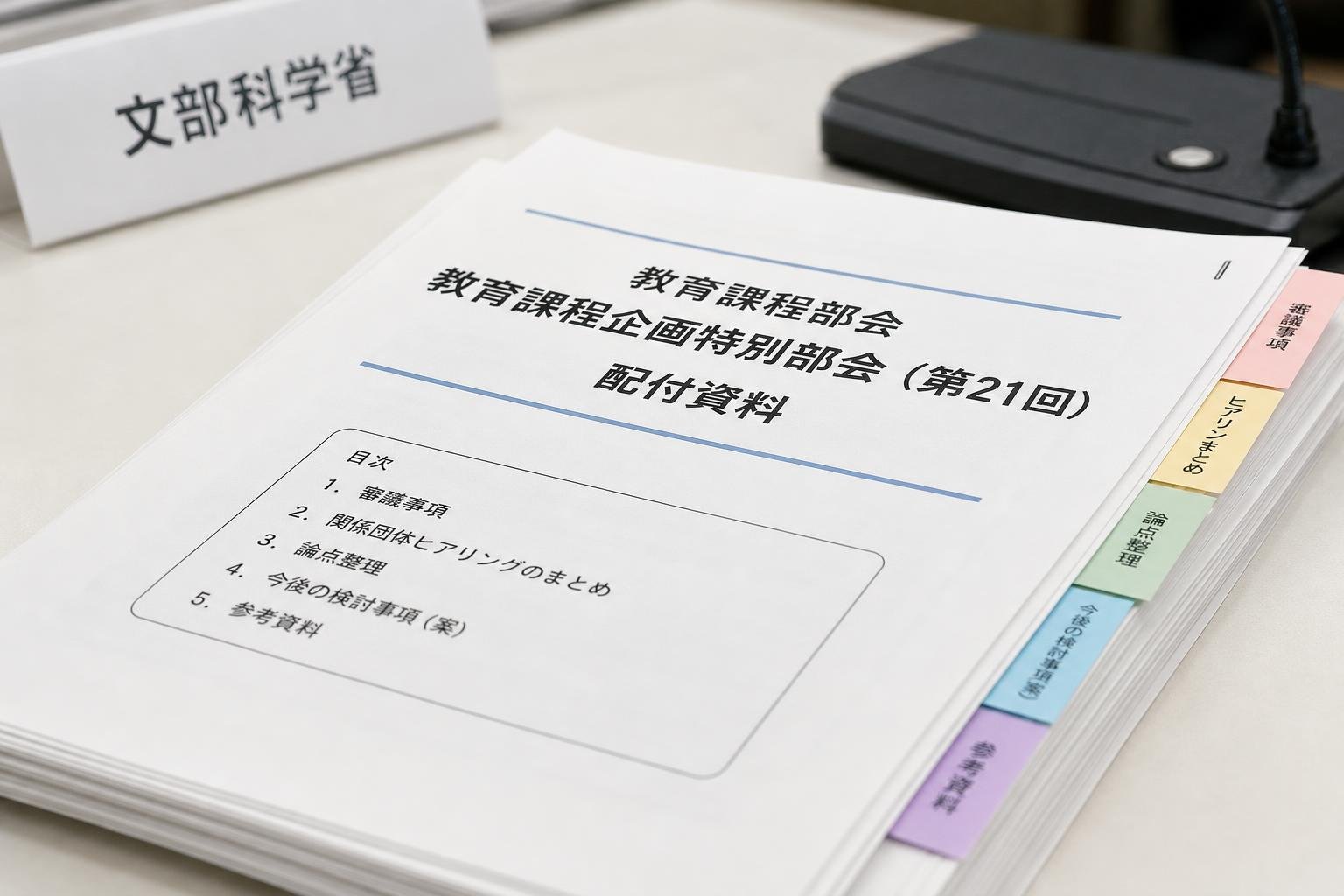 【現場視点】教育課程部会 教育課程企画特別部会（第21回） 配付資料をテーマにしたAI生成イメージ