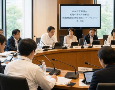 【現場視点】中央教育審議会初等中等教育分科会教育課程部会情報・技術ワーキンググループ（第12回）議事録をテーマにしたAI生成イメージ