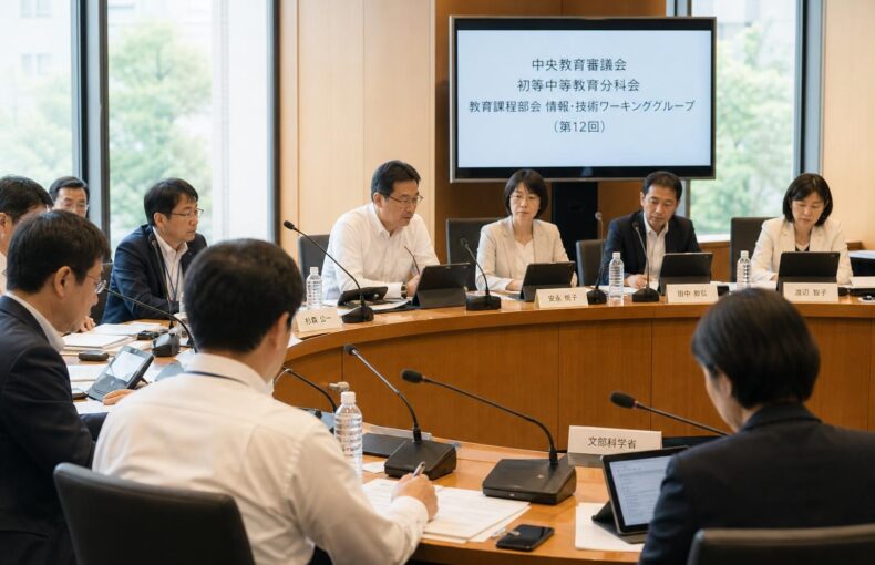 【現場視点】中央教育審議会初等中等教育分科会教育課程部会情報・技術ワーキンググループ（第12回）議事録をテーマにしたAI生成イメージ