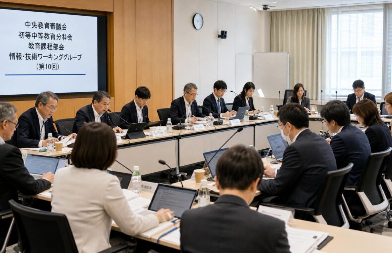 【現場視点】中央教育審議会初等中等教育分科会教育課程部会情報・技術ワーキンググループ（第10回）議事録をテーマにしたAI生成イメージ